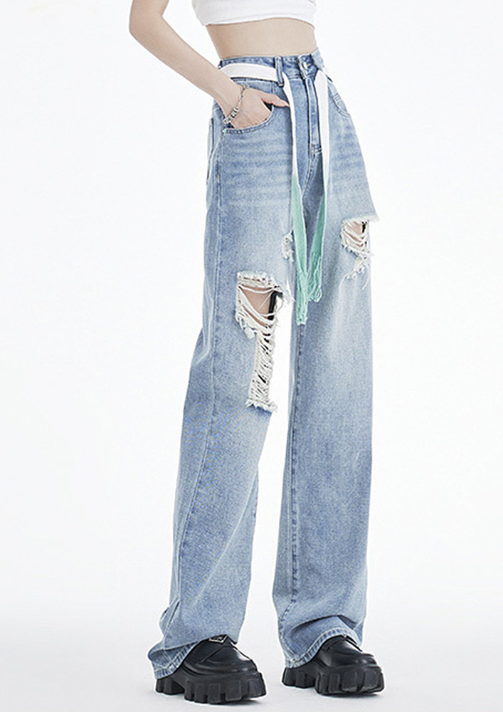 LIGHT BLUE FADED HIGH-WAIST DISTRESSED JEANS