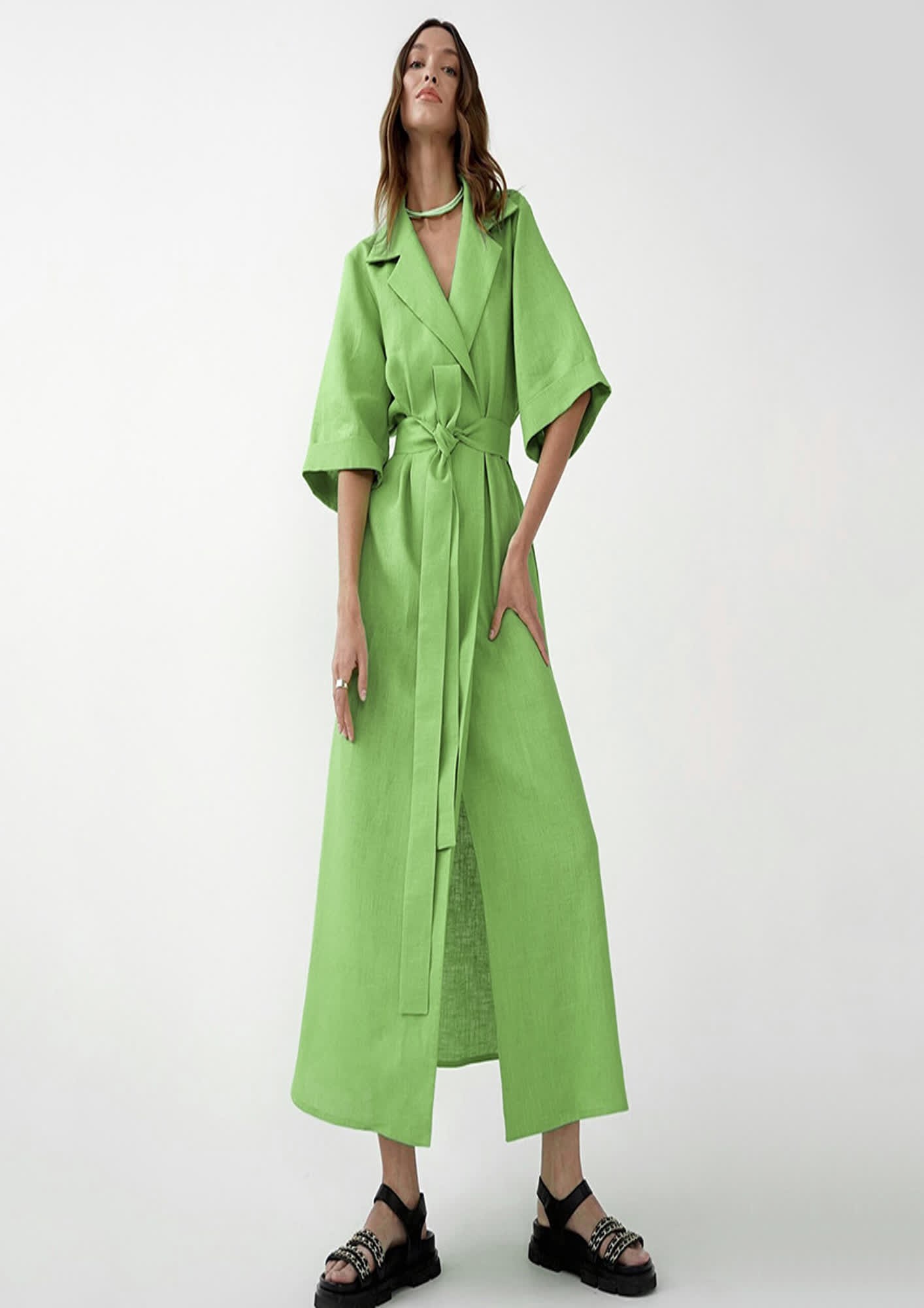 LAPEL NECK GREEN A-LINE MAXI DRESS