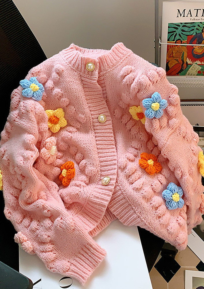 PINK FREE SIZE FLORAL EMBROIDERY CARDIGAN