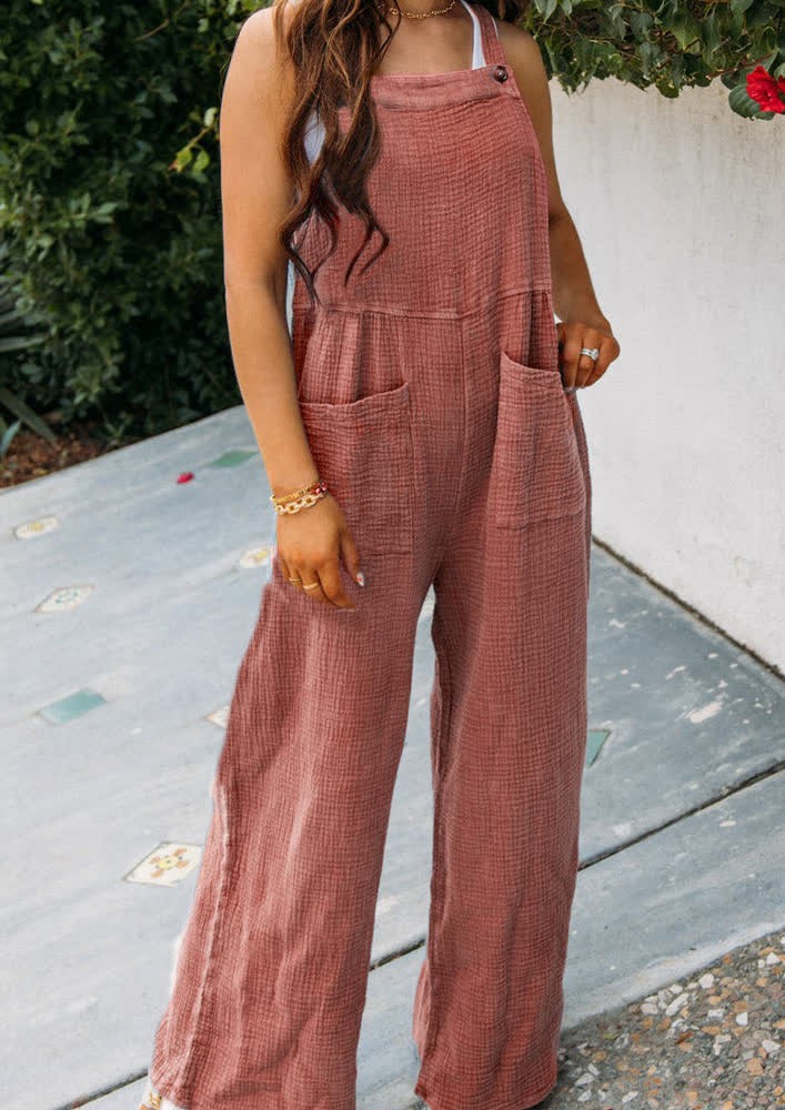 RELAXED RED FRONT POCKETS JUMPSUIT