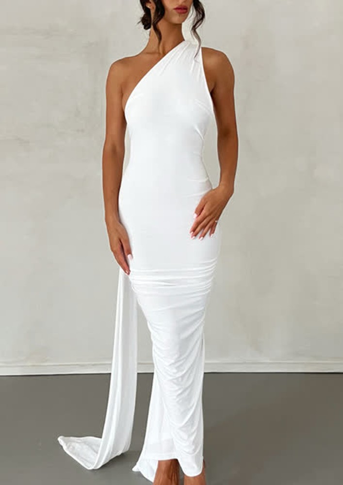WHITE DRAPED & BACKLESS MAXI DRESS