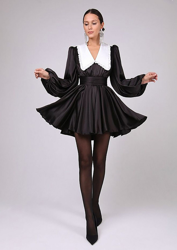 Black Doll Collar Panelled Short Dress