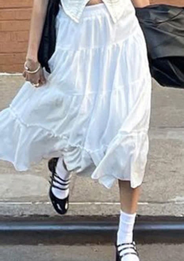 WHITE TIERED MID-LENGTH SKIRT