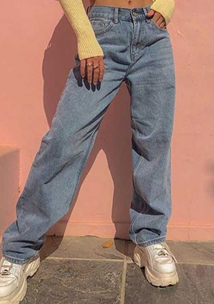 Washed Blue Loose Straight Jeans