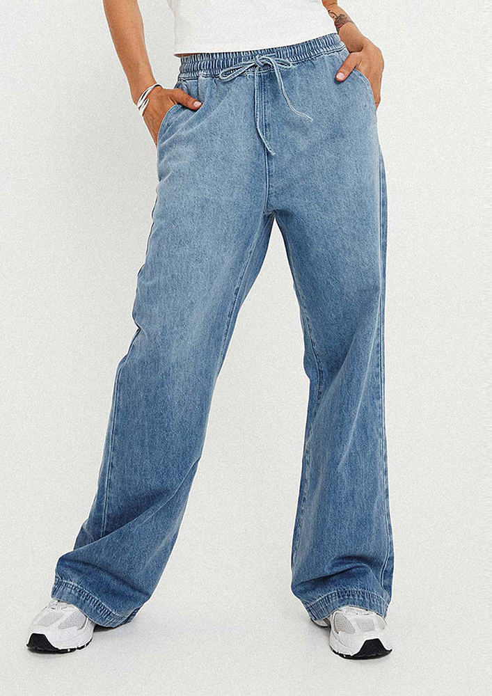 Light Blue Drawstring-waist Straight Jeans