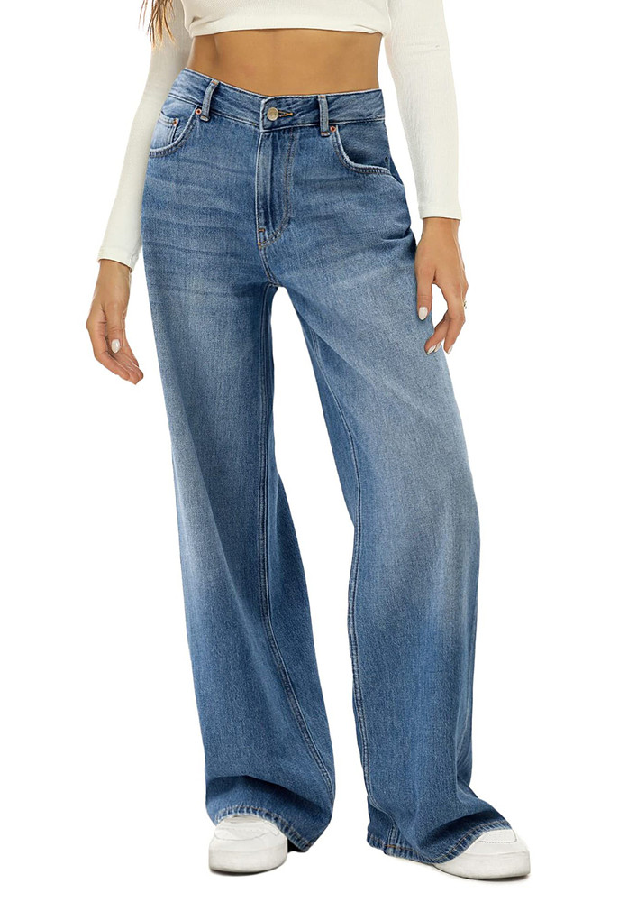 Blue Washed Eefect High-rise Straight Jeans
