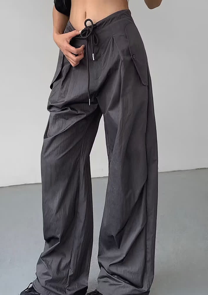 Buy GREY LOW-RISE WIDE DRAWSTRING TROUSER for Women Online in India