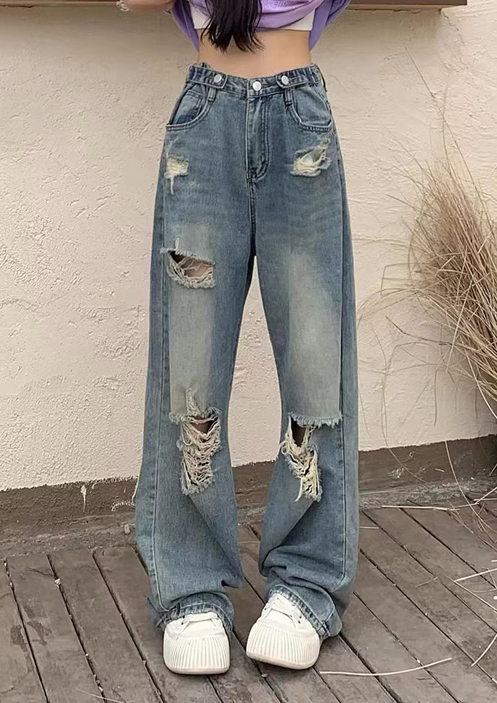90's Mid-rise Blue Wide Leg Distressed Jeans