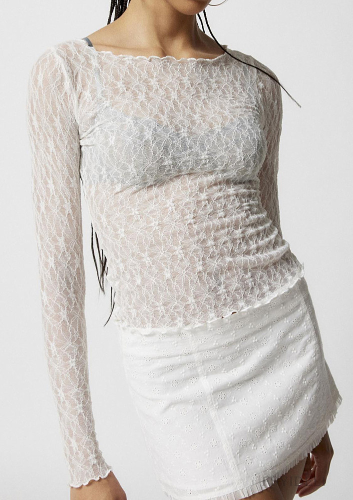 White Lettuce Trim Sheer Lace Top 