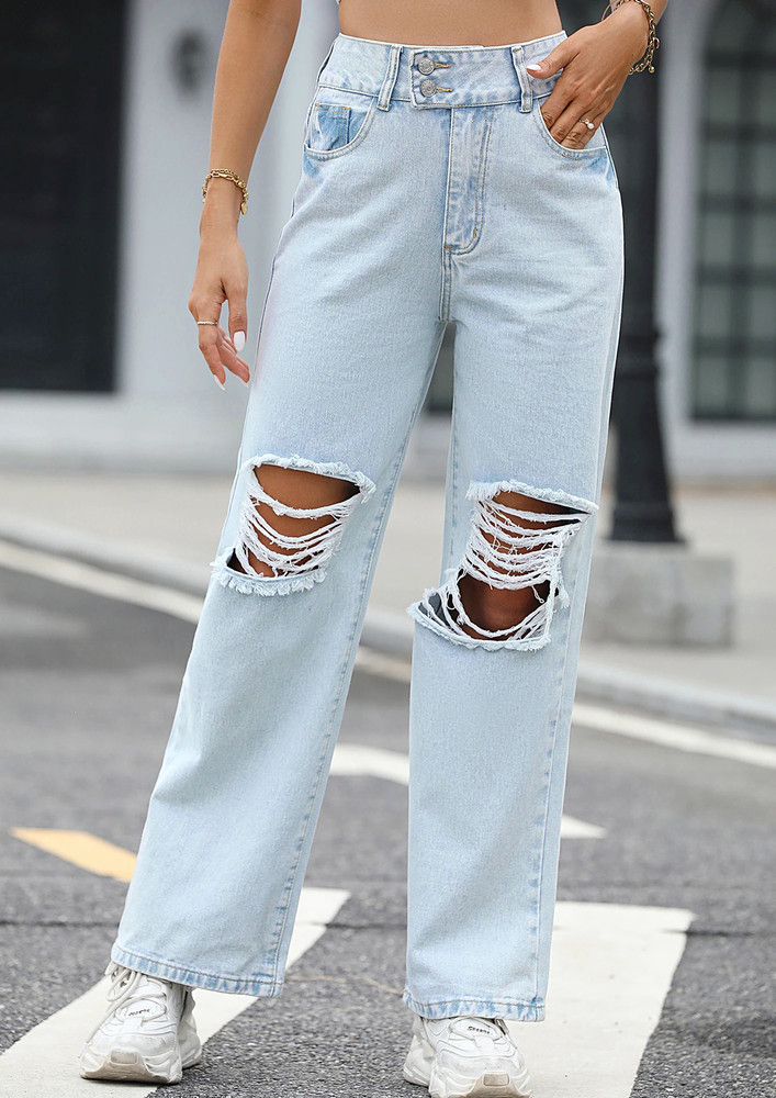 LIGHT-BLUE RIPPED STRAIGHT JEANS