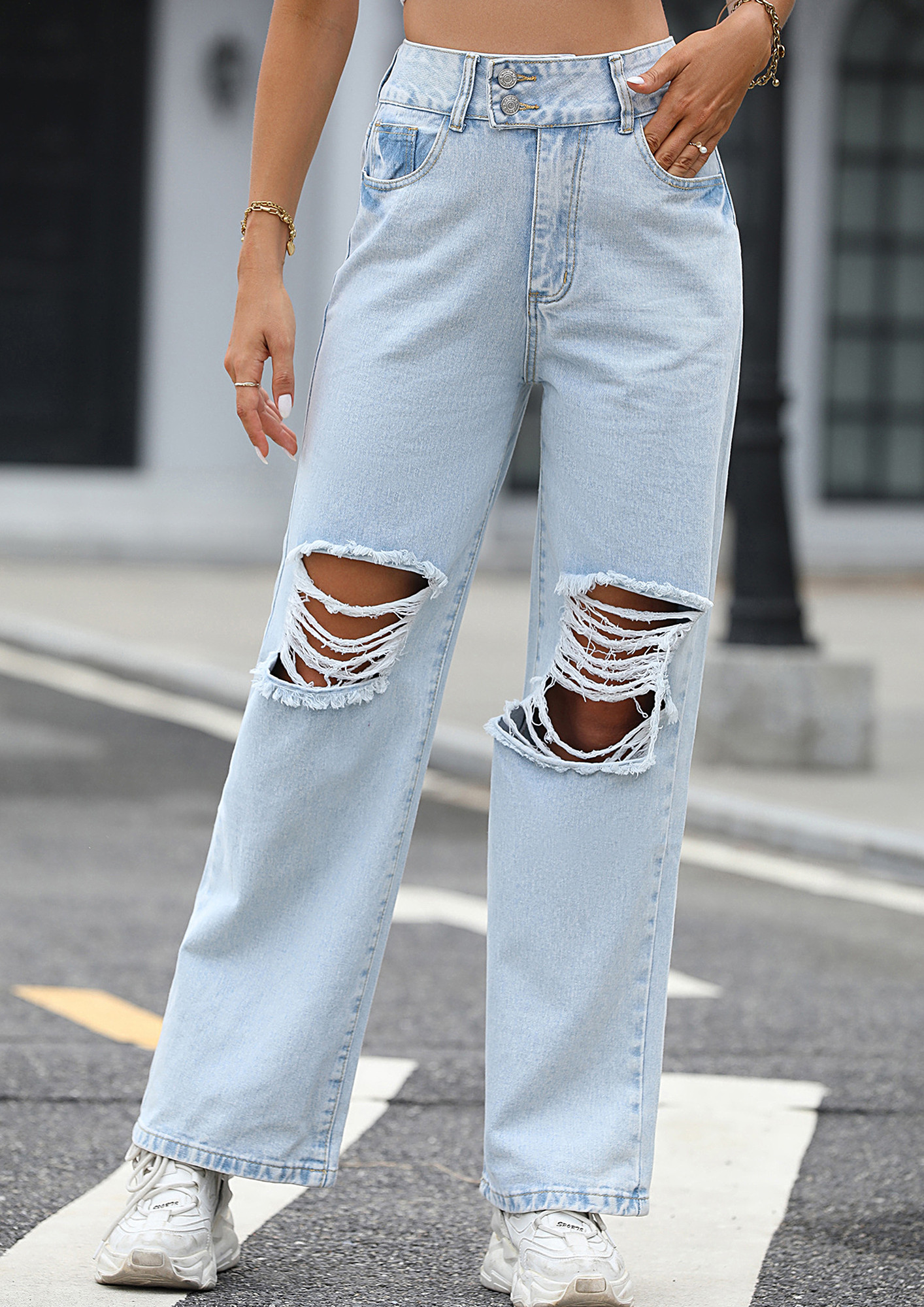 Buy LIGHT-BLUE RIPPED STRAIGHT JEANS for Women Online in India