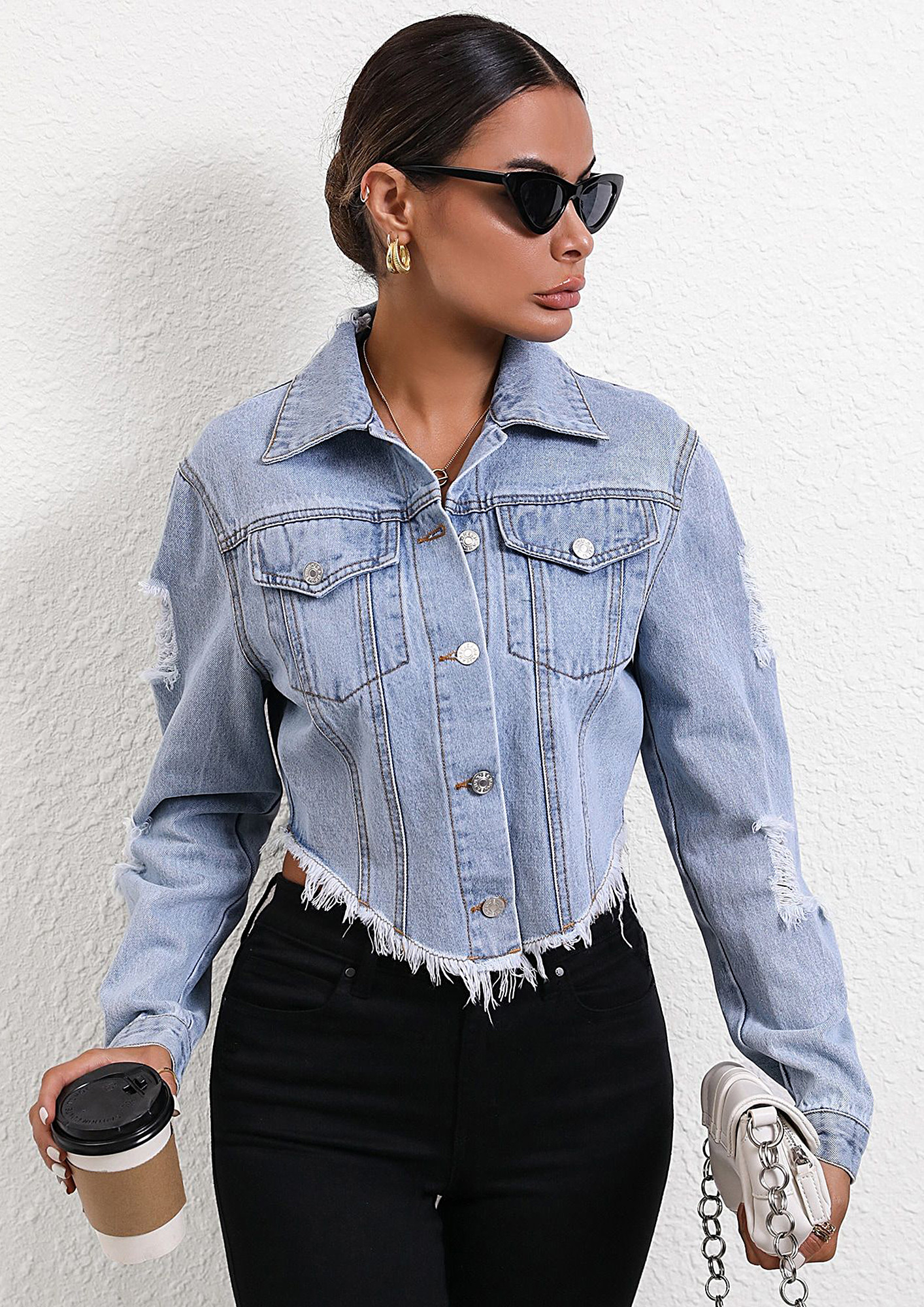 Buy A SOLID BLUE DISTRESSED CROPPED DENIM JACKET for Women Online in India