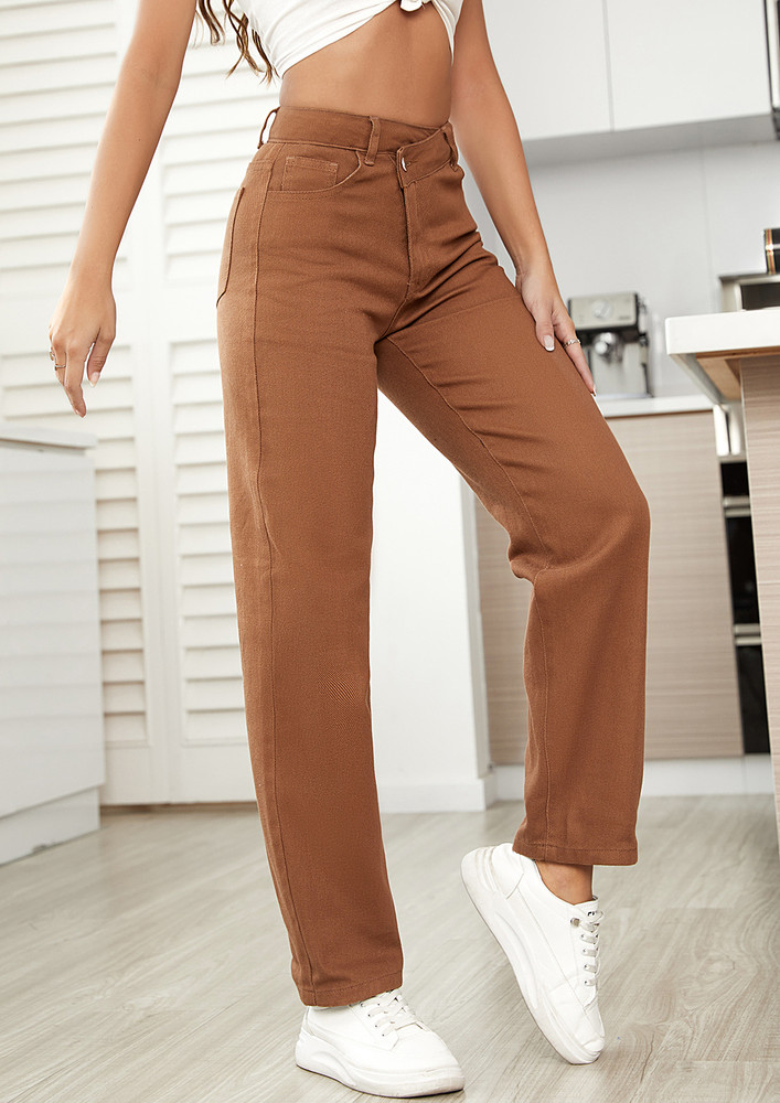 LAYERED-FRONT BROWN STRAIGHT LEG JEANS