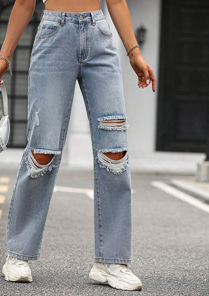 RIPPED STRAIGHT FIT BLUE JEANS