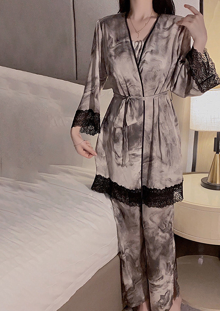 Contrast Lace Printed Night Robe With Tie-belt