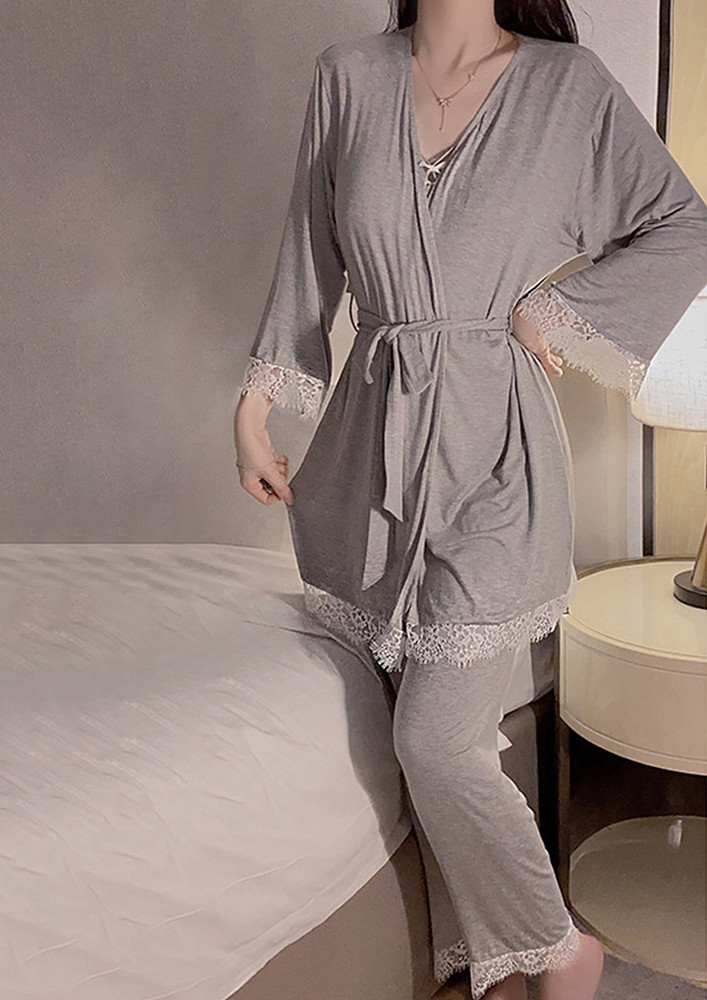 Grey Comfy Free Size Lace Trim Night Robe