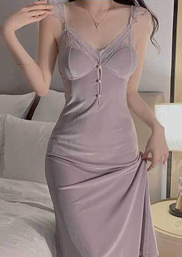Purple Hollow-out Mid-length Velour Nightdress