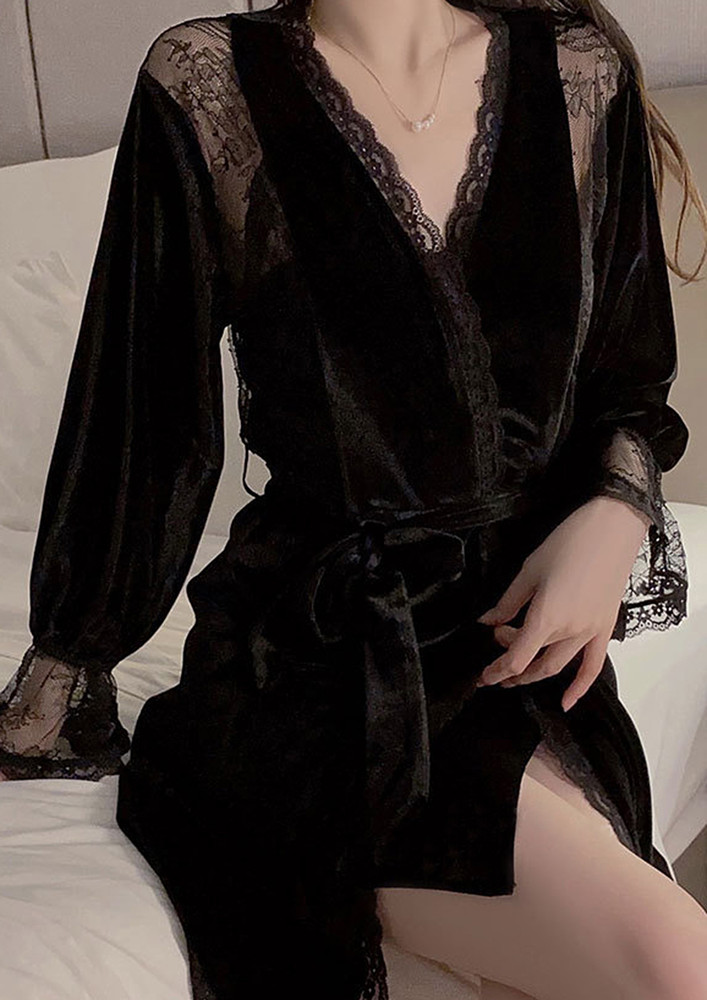 Black Lace Detail Velour Tie-up Sleepwear Robe