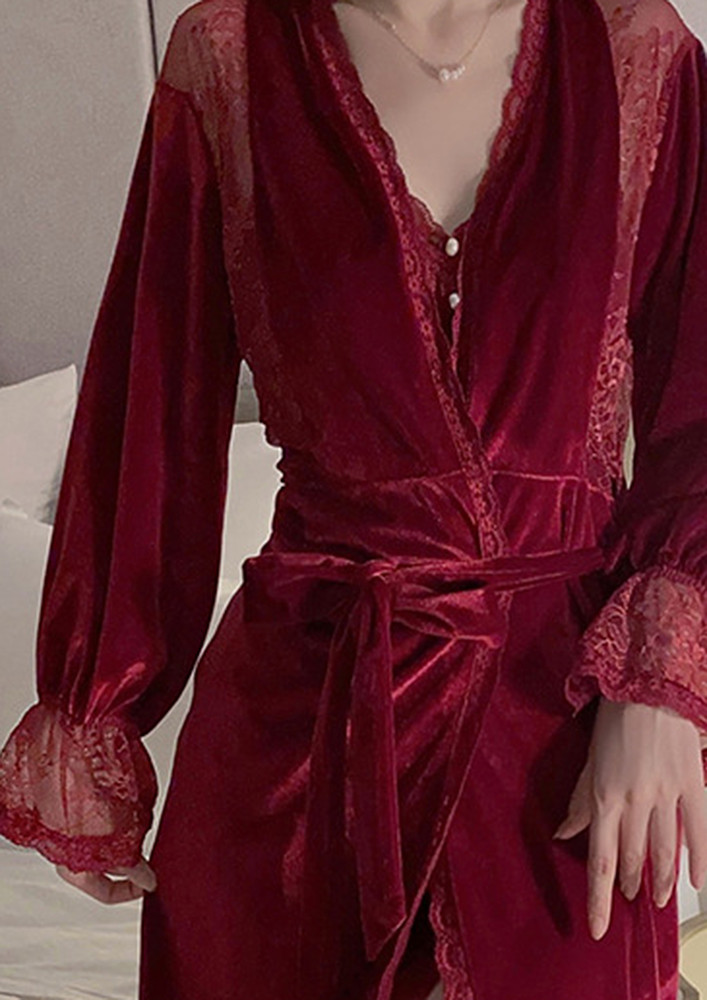 Crimson Lace Detail Velour Tie-up Sleepwear Robe