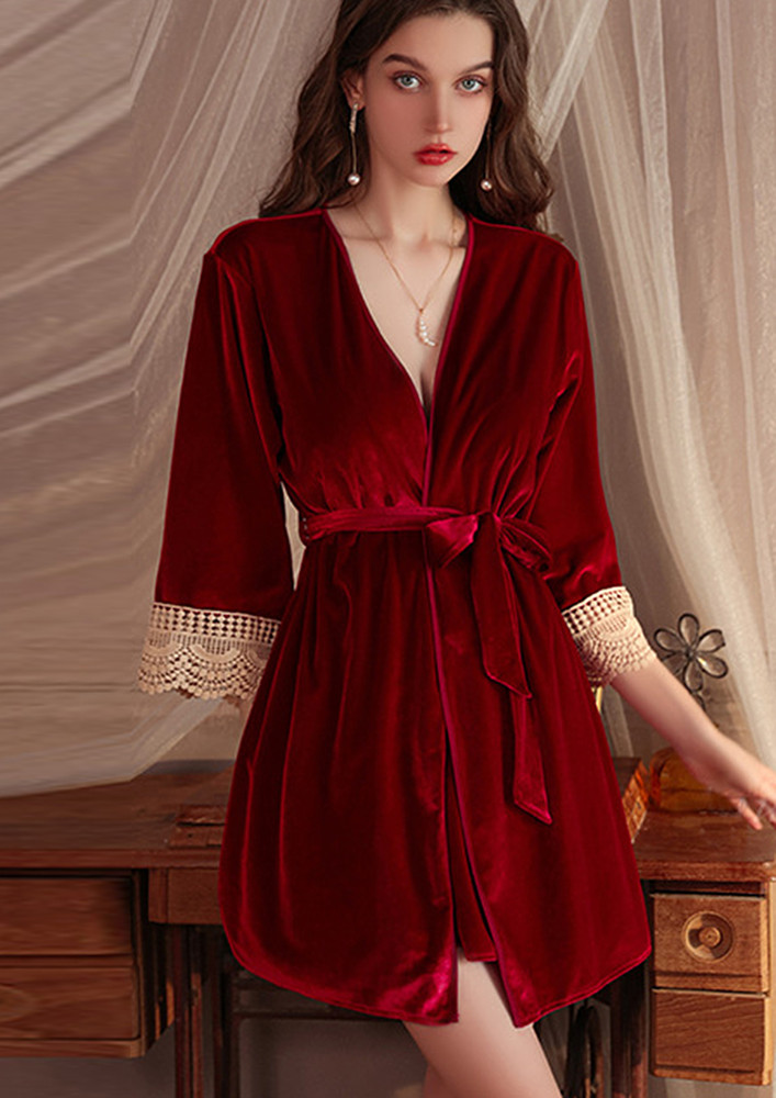 Crimson Velour Open-front Free Size Night Robe