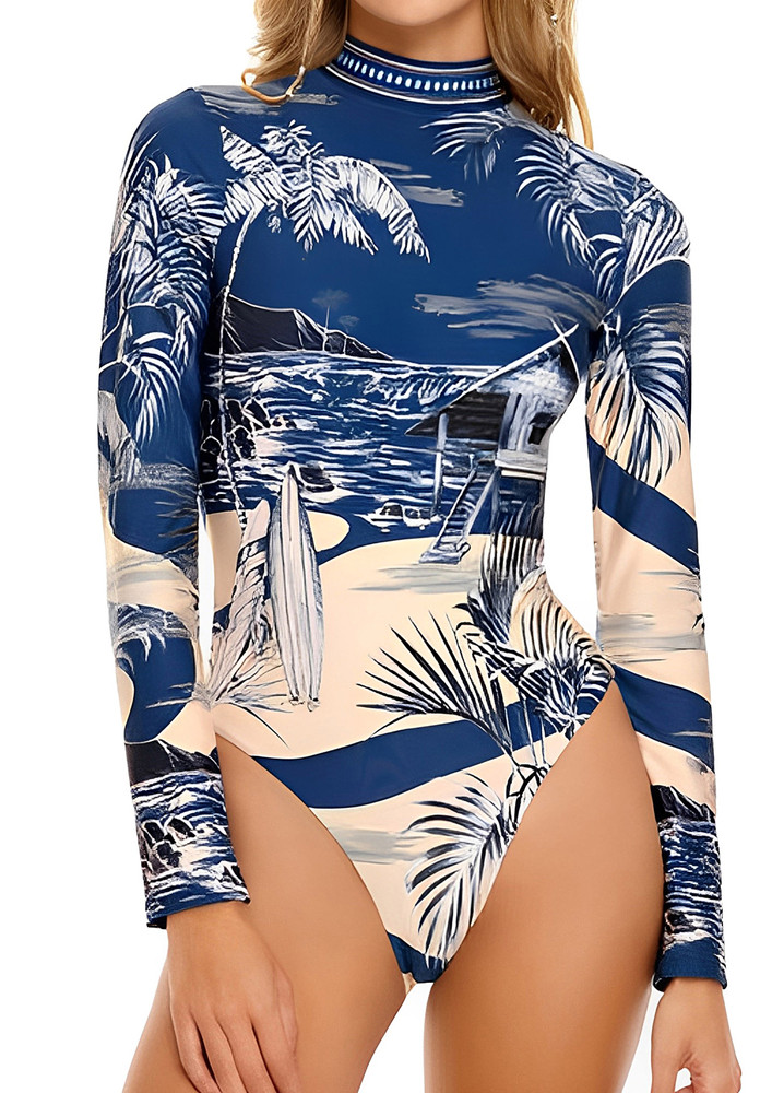 Blue Tropical Print Hollow-back Swimsuit