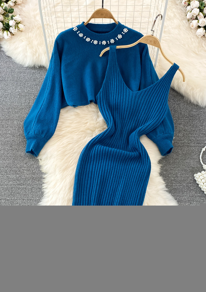 BLUE KNITTED STUDDED-DETAIL CO-ORD SET