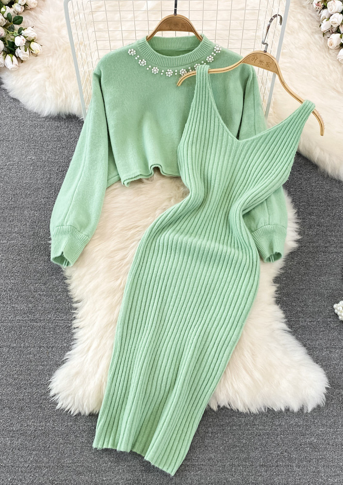 GREEN KNITTED STUDDED-DETAIL CO-ORD SET