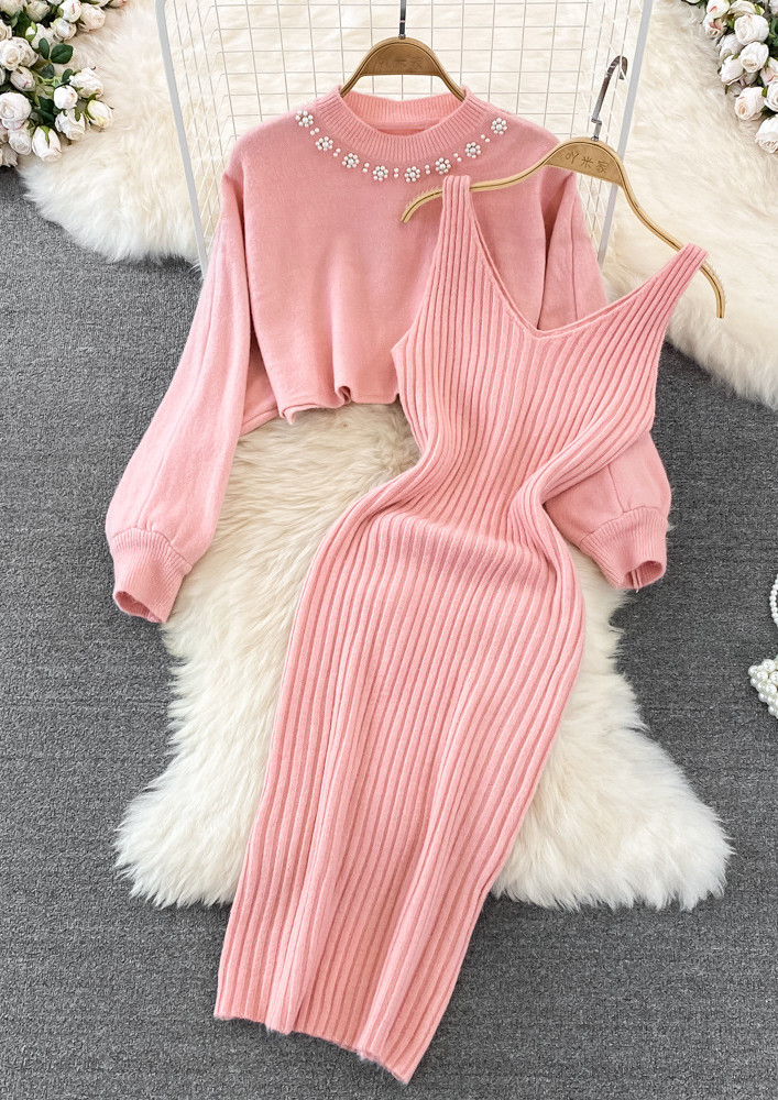 PINK KNITTED STUDDED-DETAIL CO-ORD SET