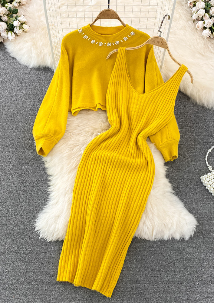 YELLOW KNITTED STUDDED-DETAIL CO-ORD SET