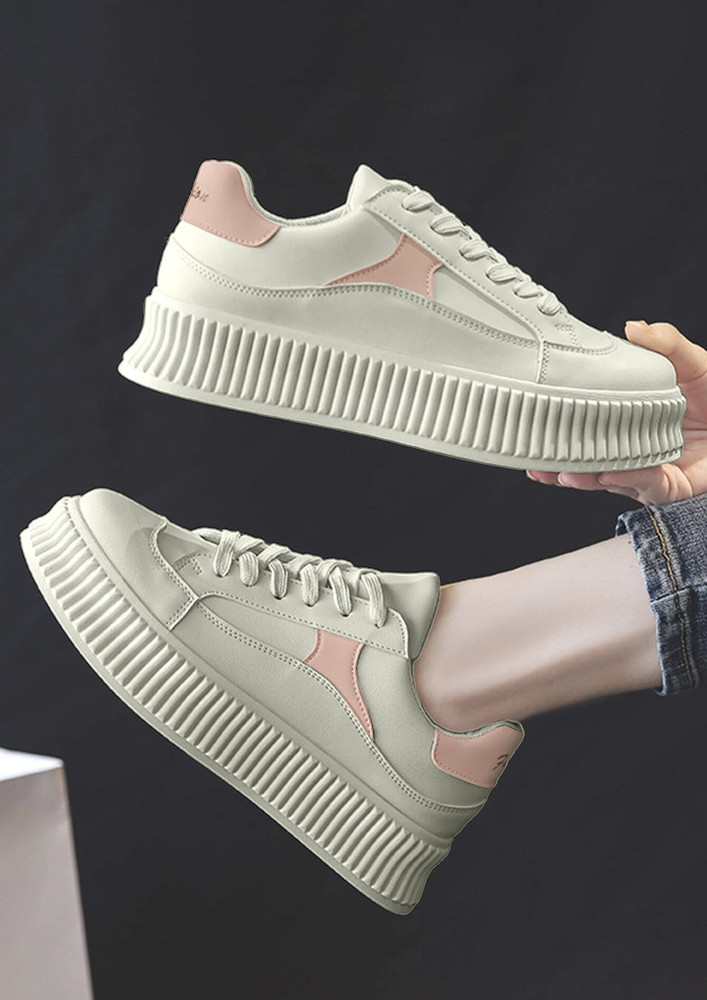 SOLID PU WHITE-PINK CASUAL TRAINERS