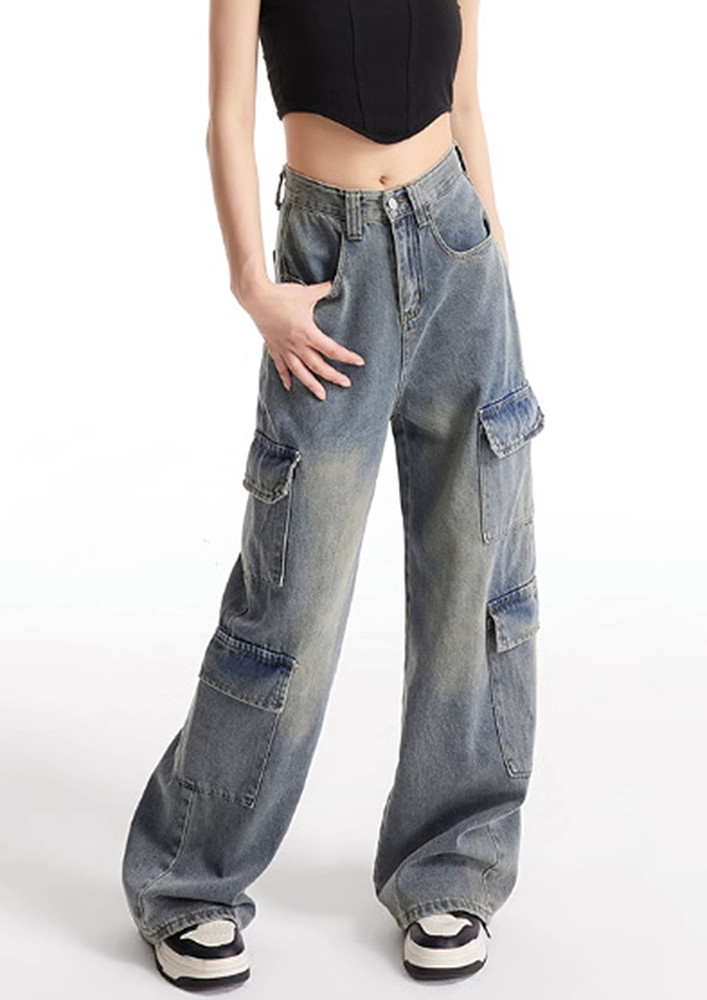Blue Casual Multipocketed Cargo Jeans