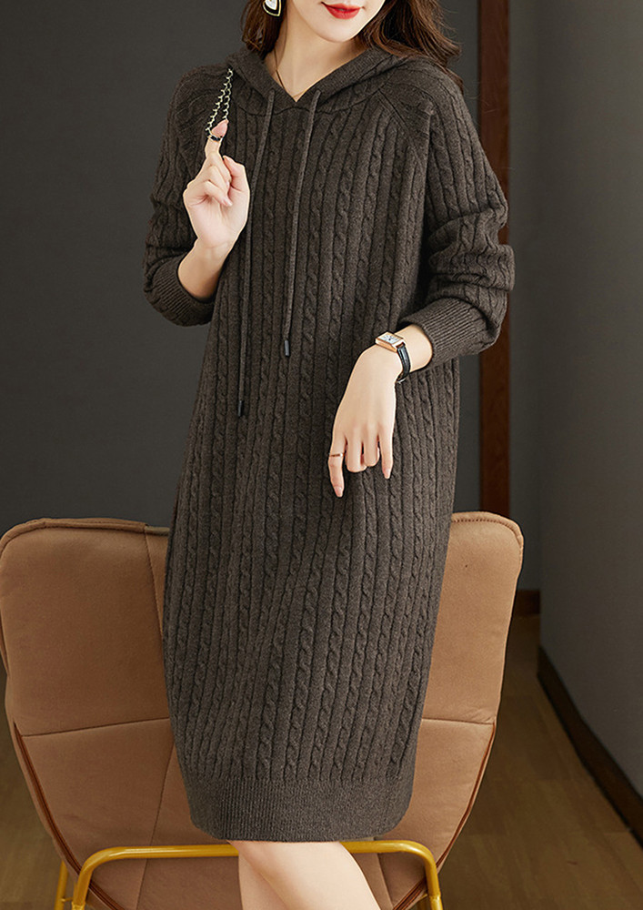 THICK KNIT DARK BROWN MID-LENGTH HOODED DRESS