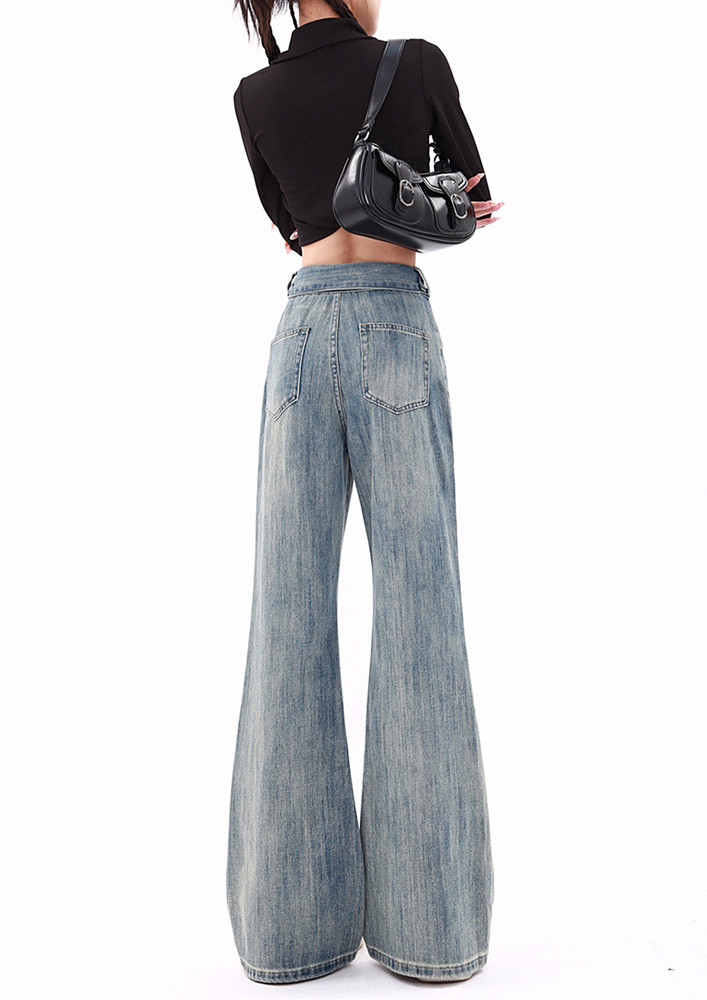 Blue Retro Style Faded Flare Jeans