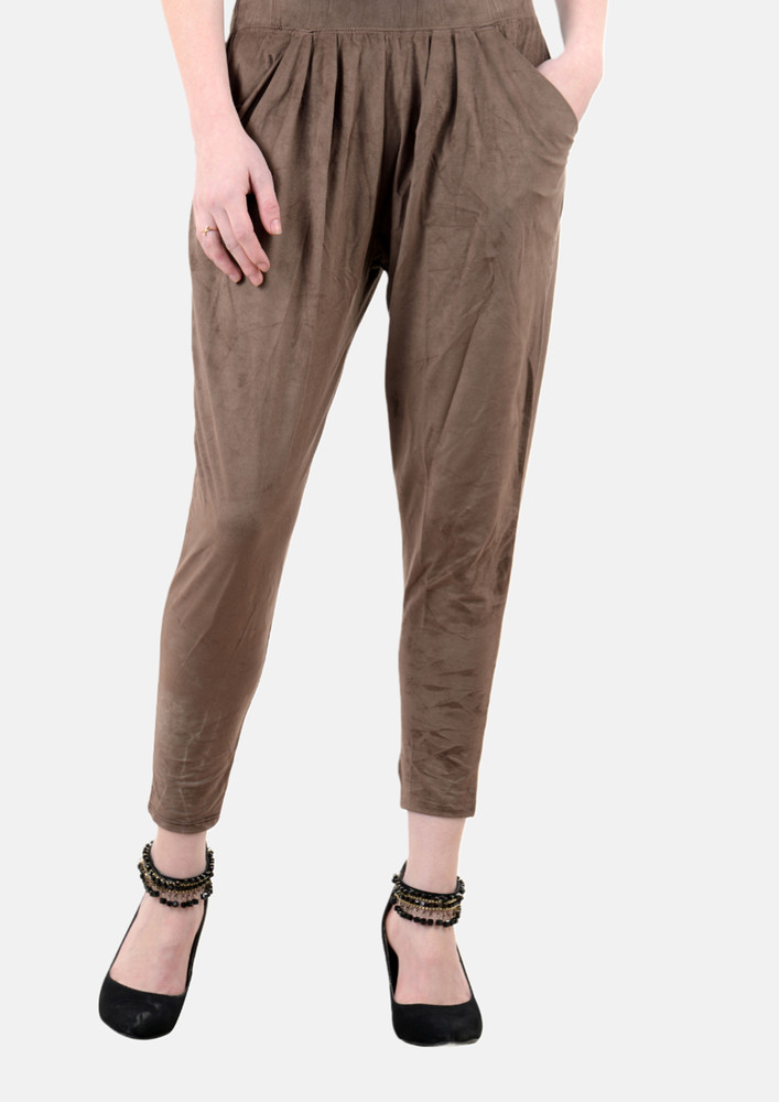 NEXT2SKIN Women Velvet stretchable track Pant Trousers (Brown)