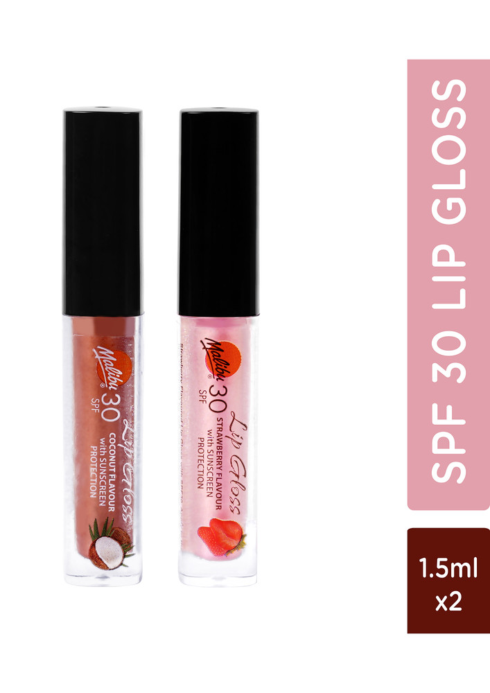 Malibu | Lip Gloss (Set of 2) - Coconut and Strawberry Flavour | SPF 30 | Vegan | 1.5 mL each