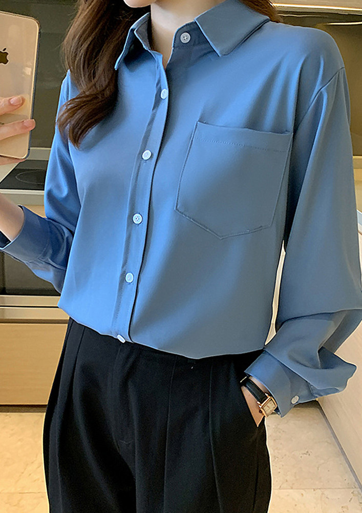 BLUE FORMAL PATCH ANGULAR POCKETED SHIRT