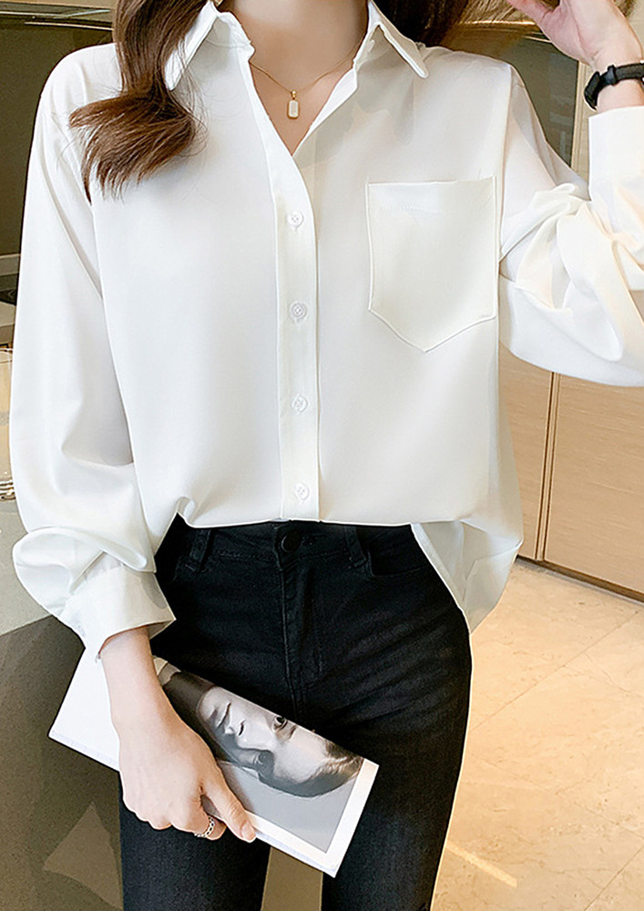 WHITE FORMAL PATCH ANGULAR POCKETED SHIRT