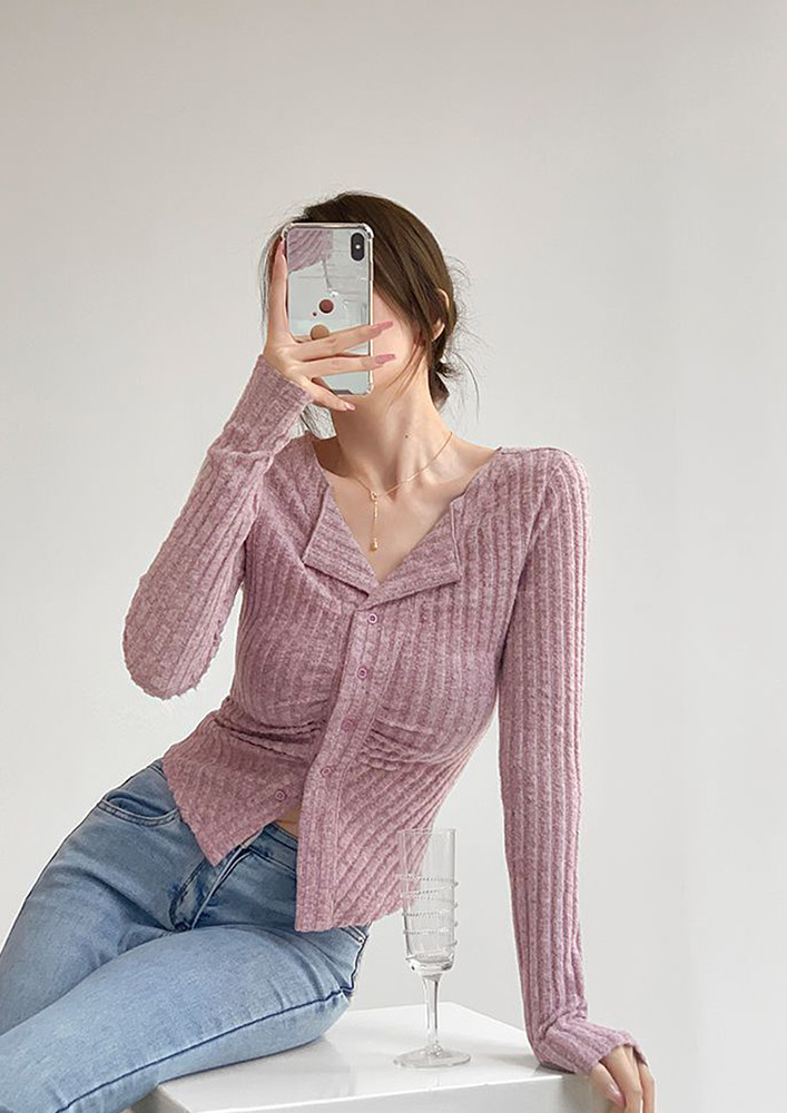 RIB-KNIT GATHERED PINK BUTTON-DOWN TOP