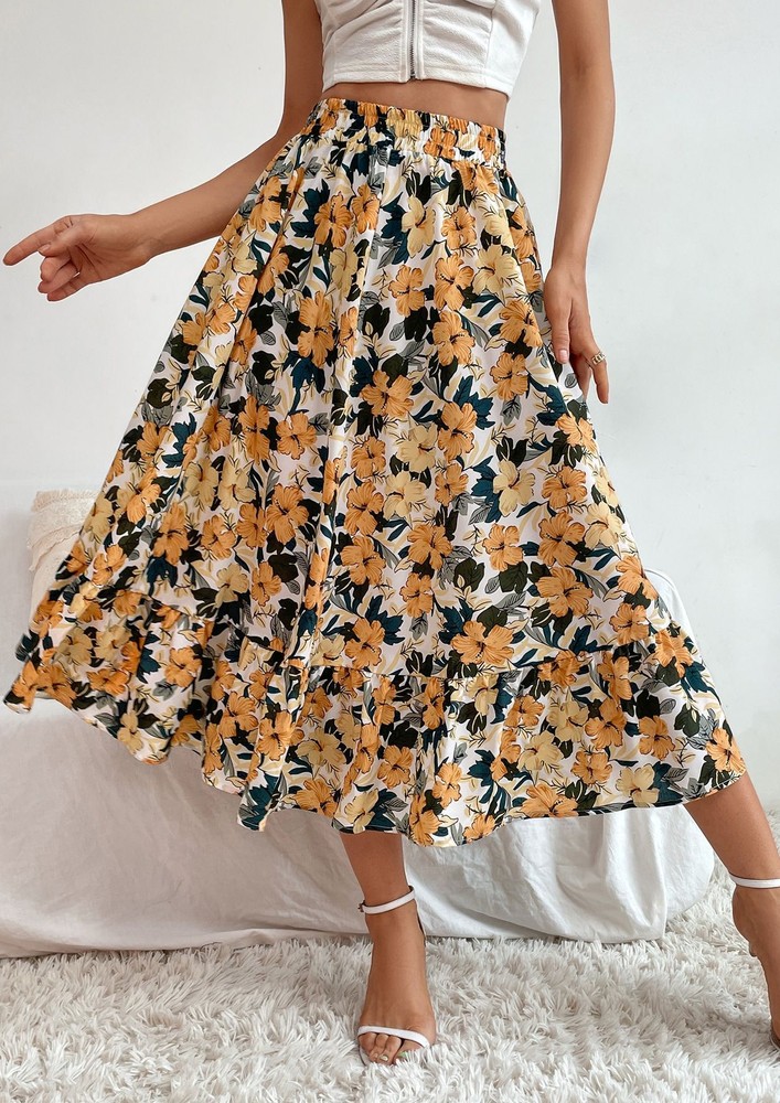 A-LINE FLORAL YELLOW MIDI SKIRT