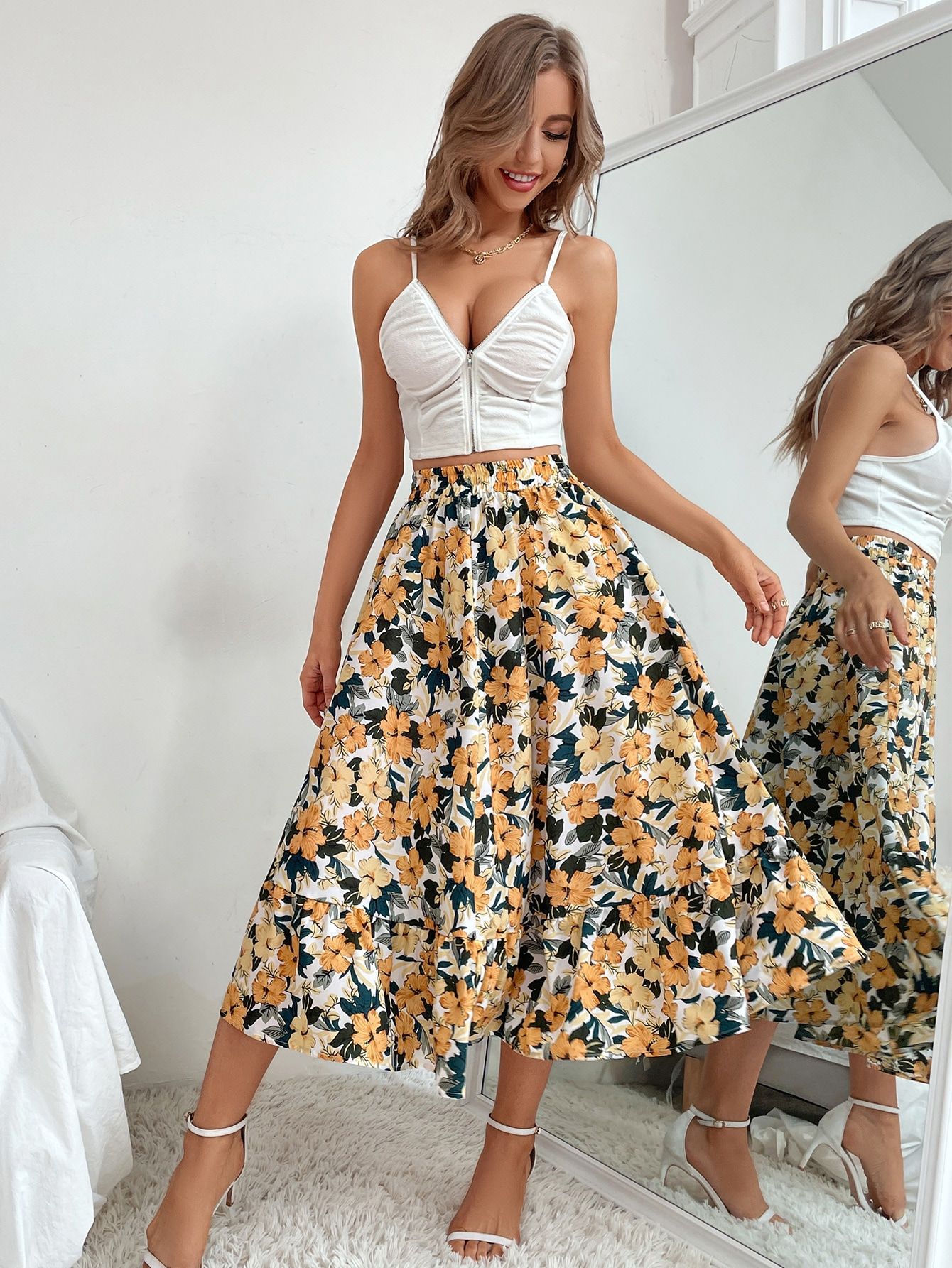Buy A-LINE FLORAL YELLOW MIDI SKIRT for Women Online in India