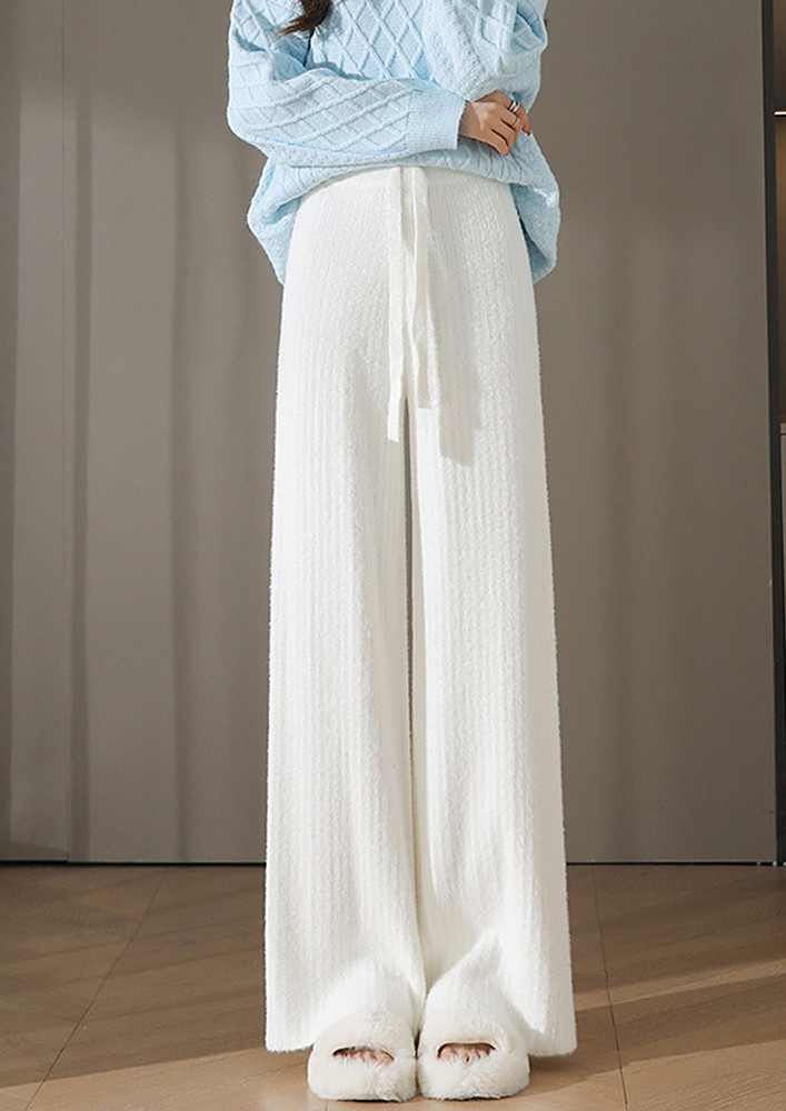 Knitted Drawstring-waist Milky White Pants