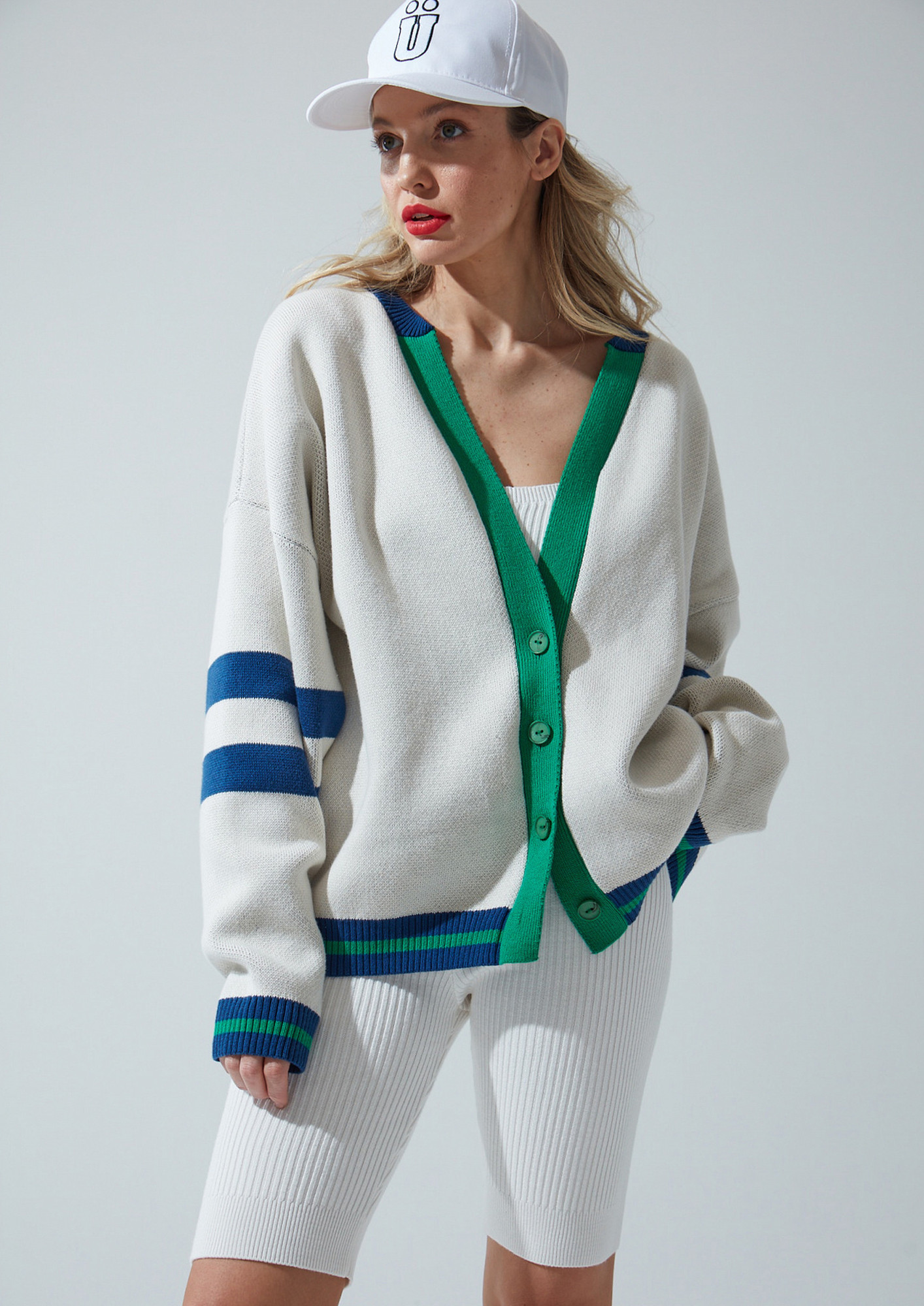 Buy CONTRASTING STRIPE BLUE LOOSE CARDIGAN for Women Online in India