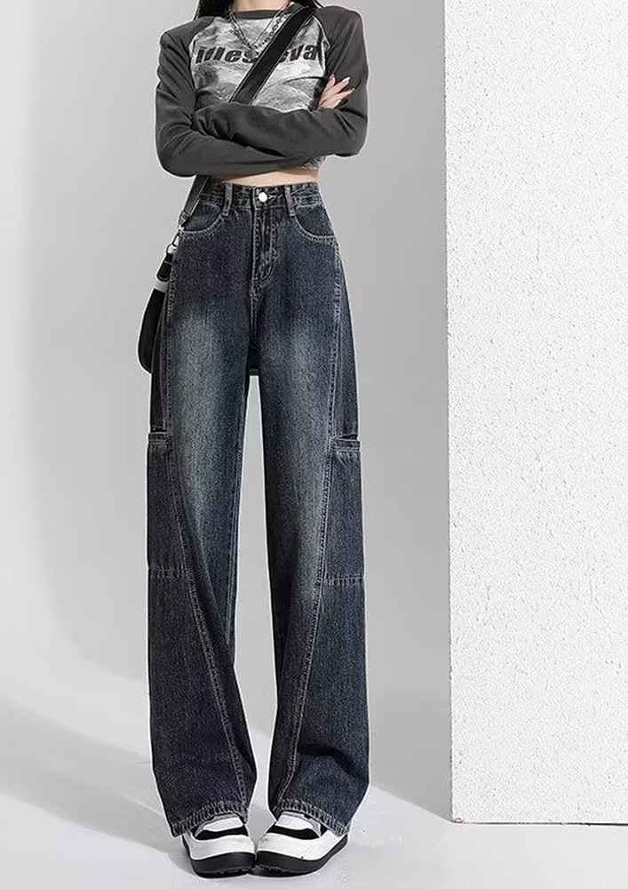 Blue Grey Washed-effect Straight Casual Jeans