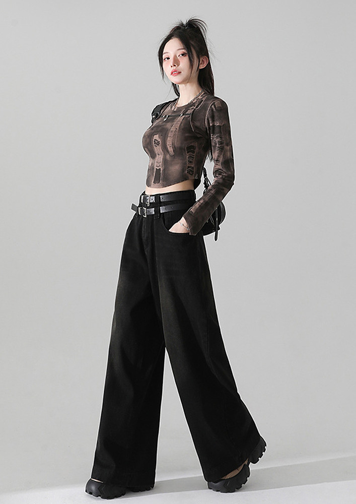 Black Wide Leg Double Belted Jeans