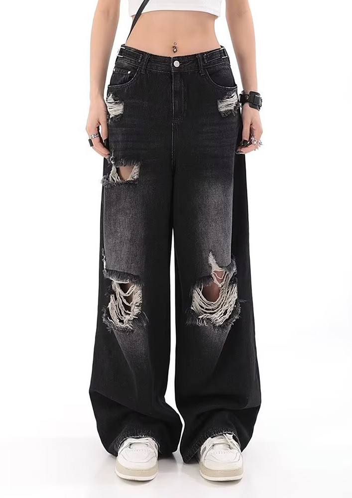 Baggy Wide Legged Black Ripping Jeans