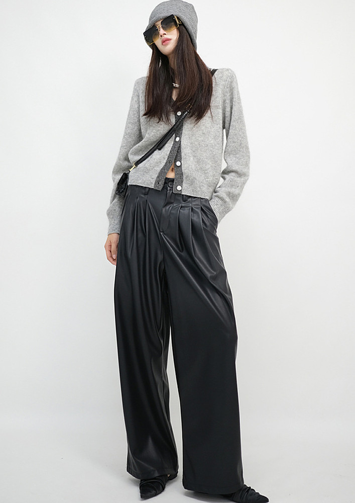 BLACK PLEATED DETAILS HIGH-WAIST TROUSERS