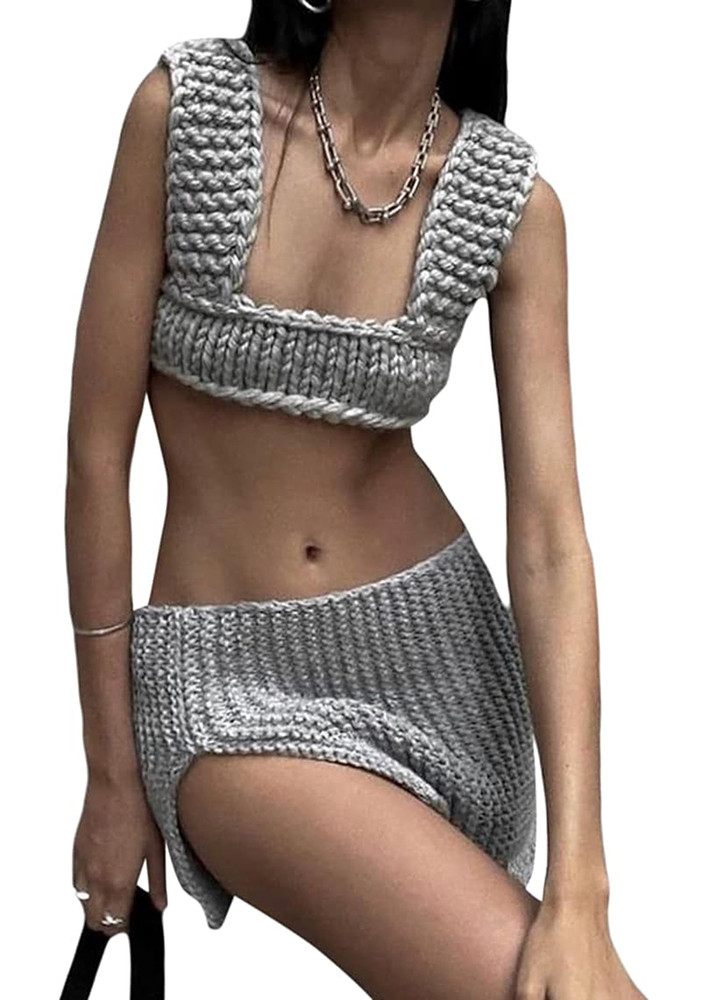 KNITTED GREY LACE-UP STRING CROP TOP
