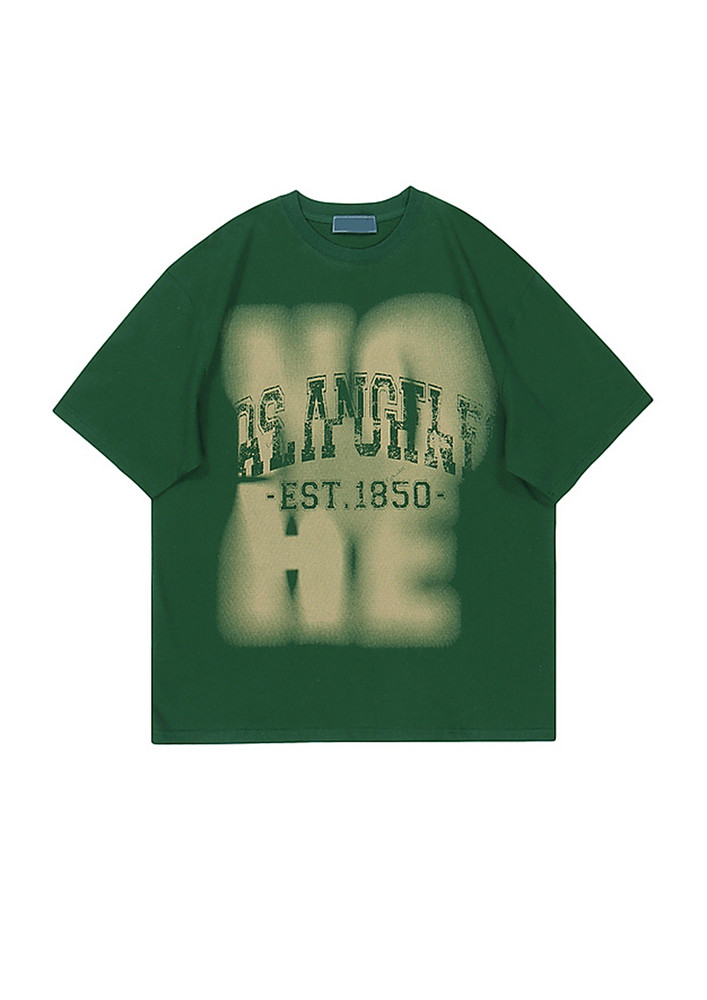 Green Graphic Print Loose Fitted Cotton Tee