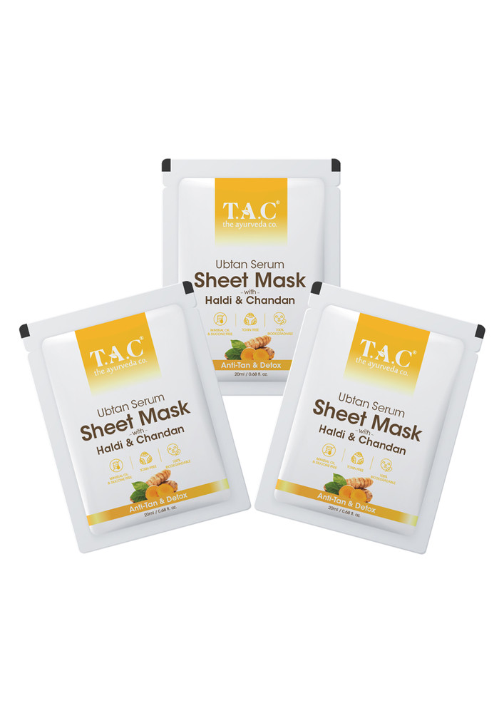 T.a.c - The Ayurveda Co. Ubtan Serum Sheet Mask With Sandalwood, Saffron & Turmeric For Tan Removal & Natural Glow (pack Of 3)