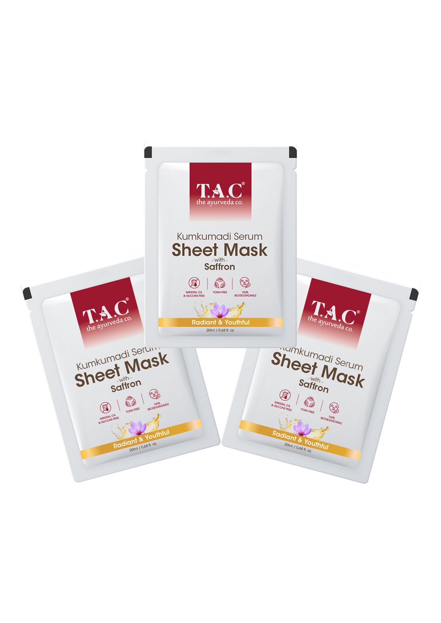 TAC - The Ayurveda Co. Kumkumadi Serum Sheet Mask For Radiant & Youthful Skin - 22ml*Pack of 3